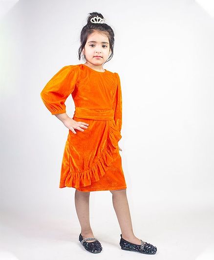 Ruviero Full Puffed Sleeves Pleated Detail Dress - Orange