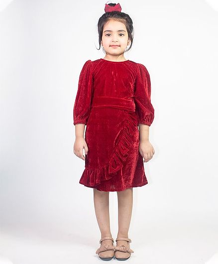 Ruviero Full Puffed Sleeves Pleated Detail Dress - Maroon