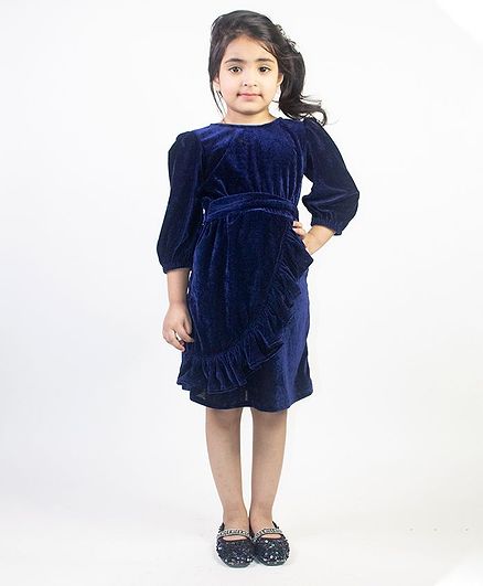 Ruviero Full Puffed Sleeves Pleated Detail Dress - Navy Blue