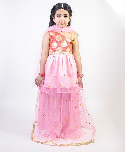 Ruviero Sleeveless Motif Print Choli With Lehenga & Dupatta - Pink