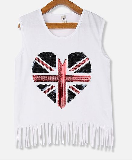 Cherokee Sleeveless Sequined Heart Fringed Hem Tee - White