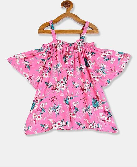 Cherokee Half Sleeves Cold Shoulder Floral Print Top - Pink