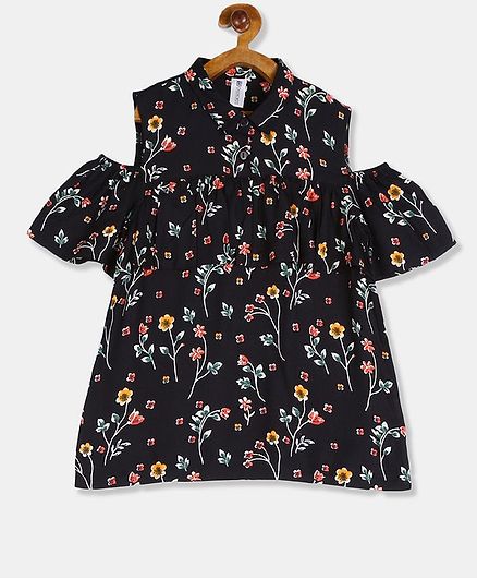 Cherokee Half Sleeves Floral Print Cold Shoulder Top - Black