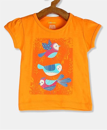 Donut Puffed Cap Sleeve Bird Print T-Shirt - Orange