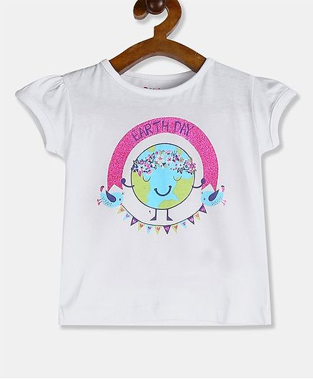 Donut Glittery Cap Sleeves Earth Print T-Shirt - White