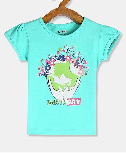 Donut Short Sleeves Floral Print T-Shirt - Aqua Blue