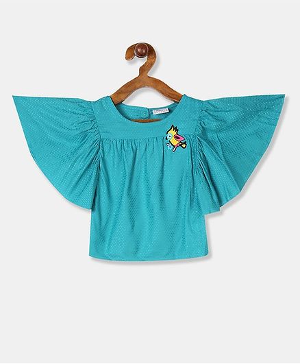 Donut Half Sleeves Bird Patch Top - Turquoise Blue