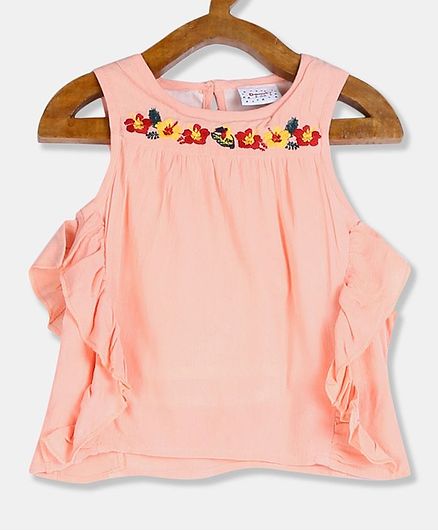 Donut Sleeveless Ruffle Flower Embroidery Top - Peach