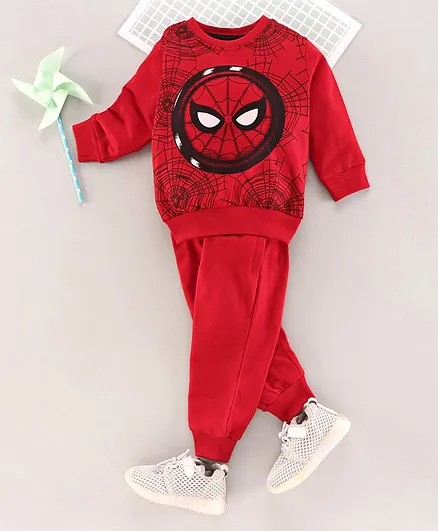 Hoppipola Spider Man Print Full Sleeves Sweatshirt With Bottom - Red