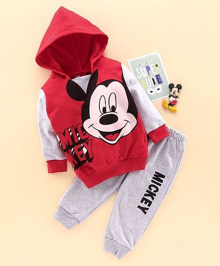 Hoppipola Full Sleeves Mickey Mouse Printed Hoodie & Joggers Set - Red