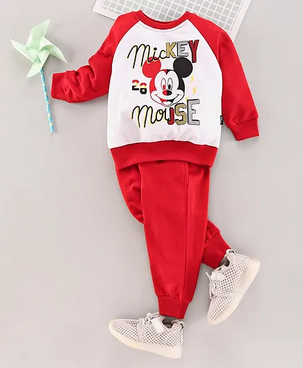 Hoppipola Raglan Full Sleeves Mickey Mouse Printed Sweatshirt & Joggers Set - Red