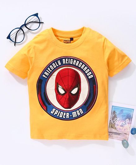 Hoppipola Half Sleeves Spiderman Print Tee - Yellow