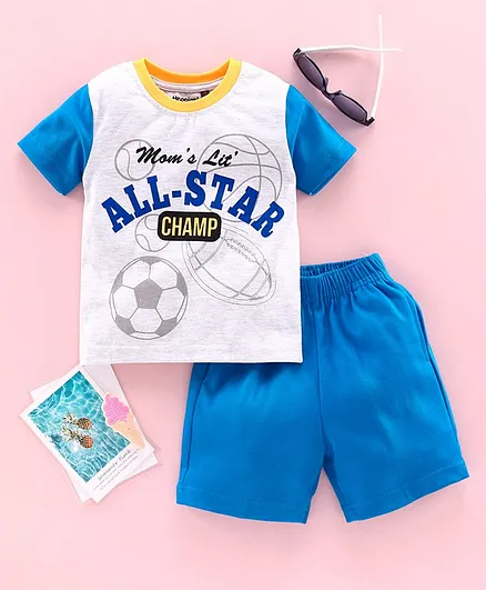 Hoppipola Half Sleeves Football Printed Tee & Shorts Set - Blue