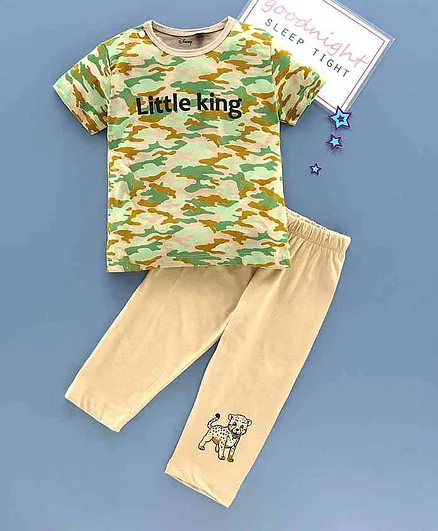 Hoppipola Half Sleeves Little King Camouflage Print Night Suit - Beige
