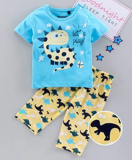 Hoppipola Short Sleeves Dinosaur Printed Night Suit - Light Blue