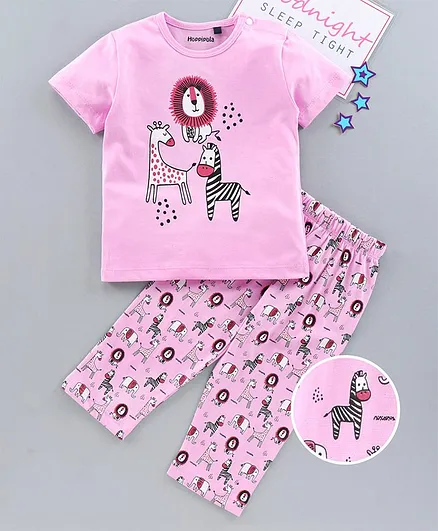 Hoppipola Half Sleeves Animal Printed Night Suit - Light Pink
