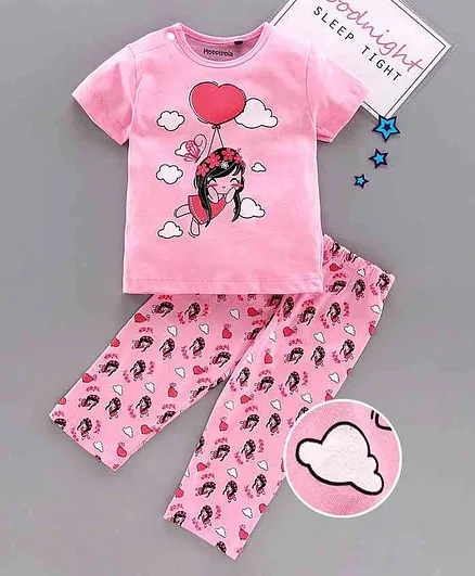 Hoppipola Half Sleeves Girl Print Night Suit - Pink