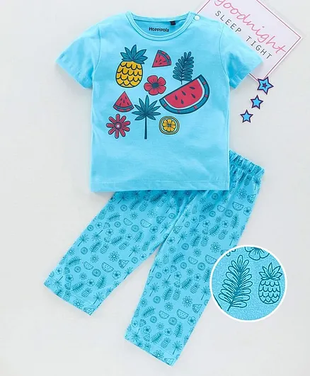 Hoppipola Half Sleeves Fruits Printed Night Suit - Light Blue