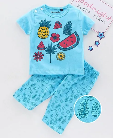 Hoppipola Half Sleeves Fruits Printed Night Suit - Light Blue