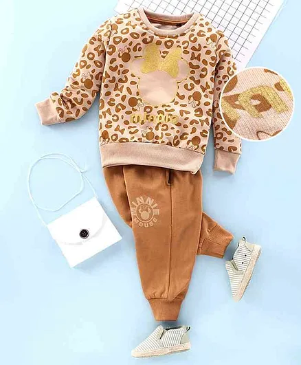 Hoppipola Full Sleeves Minnie Print Sweatshirt With Bottom - Brown
