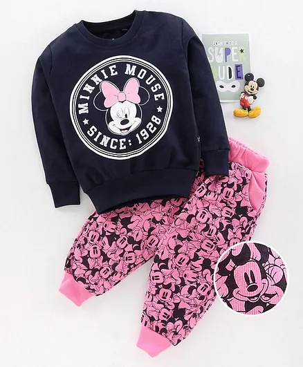 Hoppipola Full Sleeves Minnie Mouse Printed Sweatshirt & Joggers Set - Navy Blue