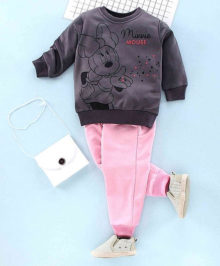 Hoppipola Full Sleeves Minnie Mouse Print Sweatshirt With Bottom - Dark Grey
