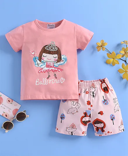 Kookie Kids Half Sleeves Night Suit Fairy Print - Pink