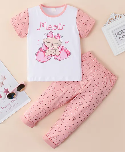 Kookie Kids Half Sleeves Night Suit Kitty Print - Pink White