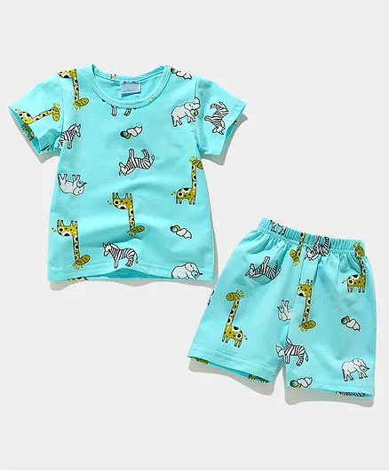Kookie Kids Half Sleeves Night Suit Animal Print - Blue