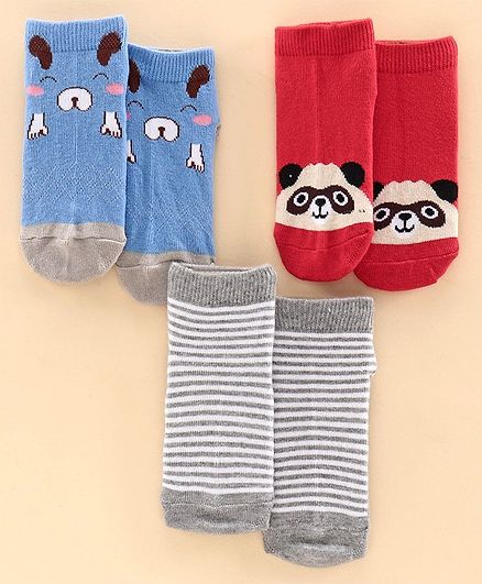 Mustang Ankle Length Socks Multi Design Set of 3 Pairs - Blue Red Grey