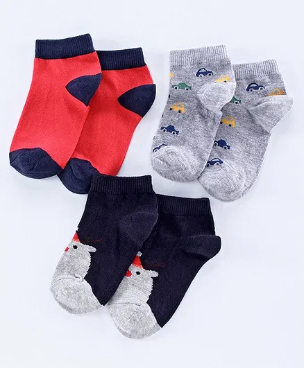 Mustang Ankle Length Socks Pack of 3 - Blue Grey Red