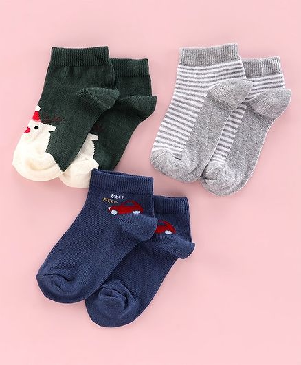 Mustang Ankle Length Socks Pack of 3 - Blue Grey Green