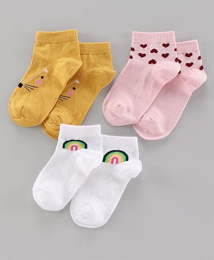 Mustang Ankle Length Socks Set of 3 Pairs - Pink Yellow White