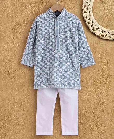 Dapper Dudes Full Sleeves Floral Embroidered Kurta With Pajama - Blue