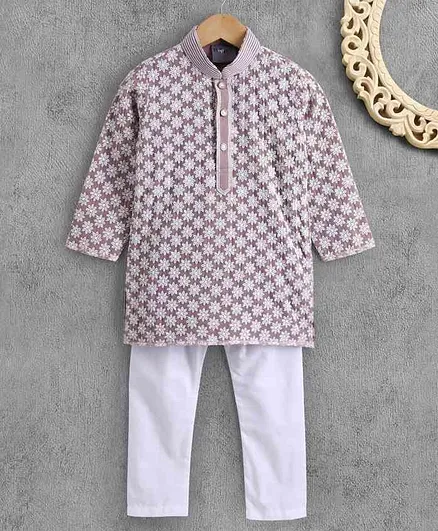 Dapper Dudes Full Sleeves Floral Embroidered Kurta With Pajama - Purple
