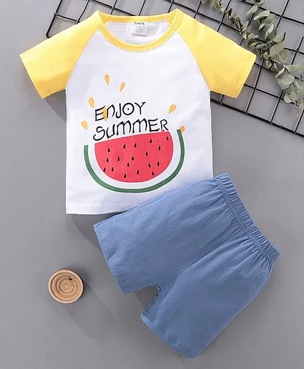 Kookie Kids Raglan Sleeves Night Suit Watermelon Print - Yellow Blue