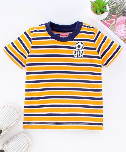Babyhug Half Sleeves Biowashed Stripe Tee - Navy Blue Yellow