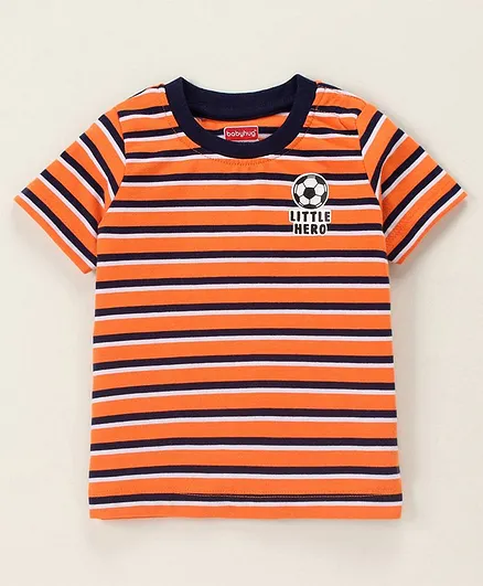 Babyhug Half Sleeves Biowashed Striped Tee Football Print - Orange