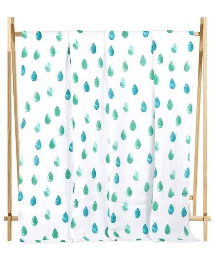 The Mom Store Muslin 6 Layer Cotton Dohar Blanket Raindrops Print - White Blue