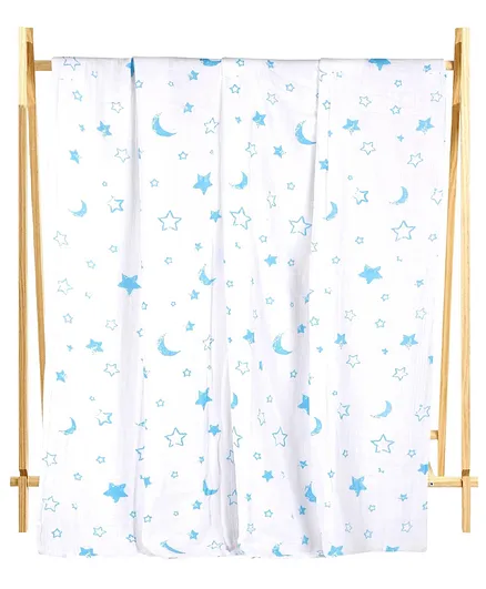 The Mom Store Muslin 6 Layer Cotton Dohar Blanket Star & Moon Print - White Blue