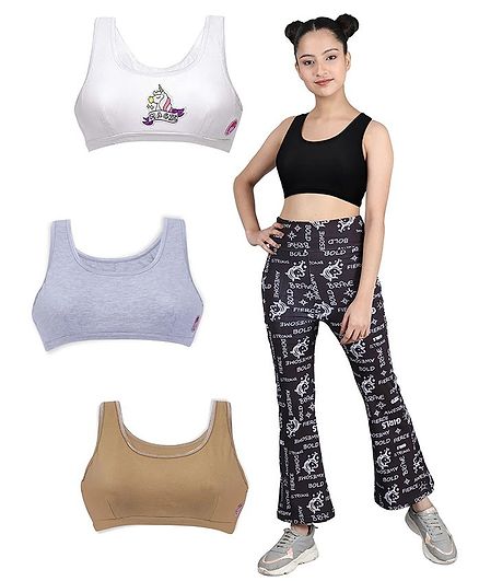 D'chica Pack Of 4 Unicorn Print & Solid Bras - Multi Color