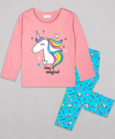 Sheer Love Full Sleeves Unicorn Stay Magical Printed Night Suit Set - Pink & Blue