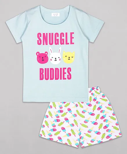 Sheer Love Half Sleeves Snuggle Buddies Printed Night Suit Set - Blue