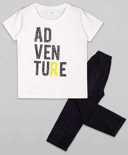 Sheer Love Half Sleeves Adventure Printed Night Suit - White & Black