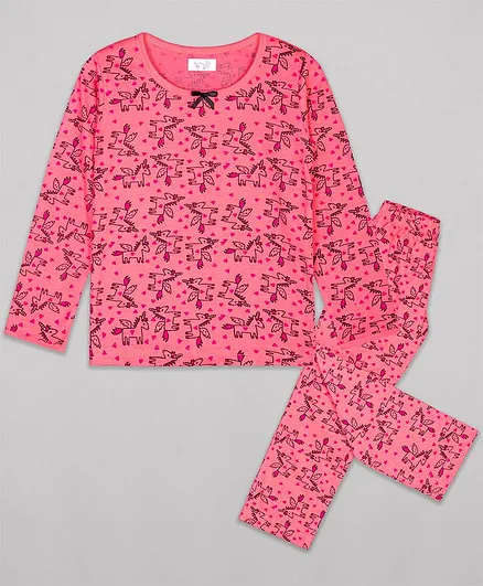 Sheer Love Full Sleeves Unicorns Printed Night Suit - Pink