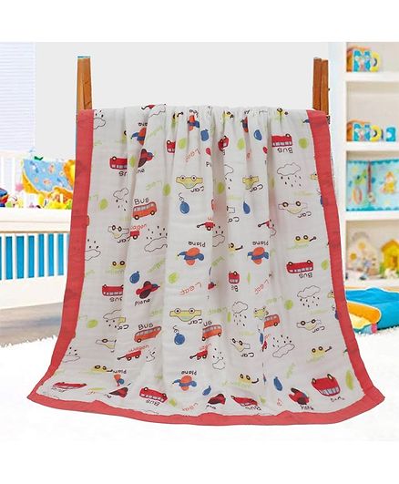Kassy Pop 6 Layer Bamboo Muslin Wrapper Cum Swaddling Towel Vehicle Print - Red White