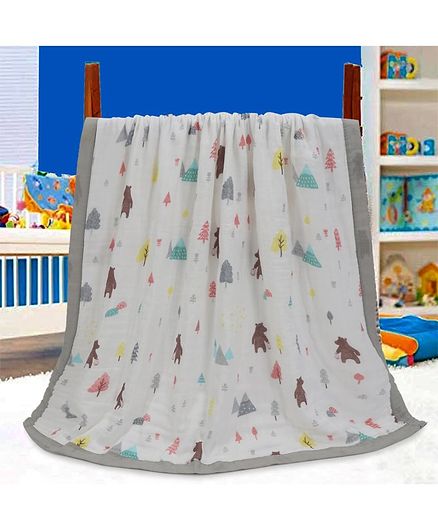 Kassy Pop 6 Layer Bamboo Muslin Wrapper Cum Swaddling Towel Bear Print - White Grey