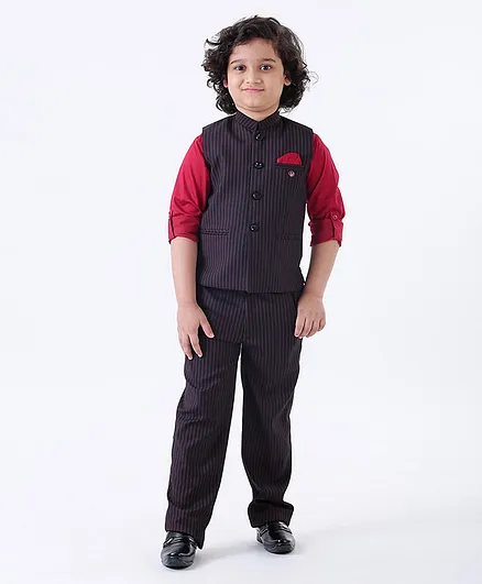 Robo Fry Full Sleeves Striped 3 Piece Party Suit - Navy Blue Red