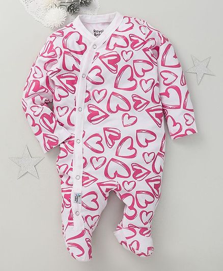 ROYAL BRATS Full Sleeves Hearts Printed Footed Romper - Pink