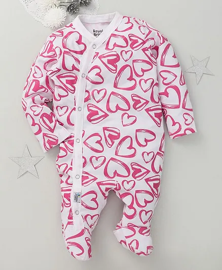 ROYAL BRATS Full Sleeves Hearts Printed Footed Romper - Pink
